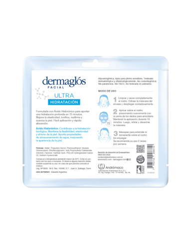 MASCARAS FACIALES DERMAGLOS TELA ULTRA HIDRATACIÓN AC.HIALURON 15 CC
