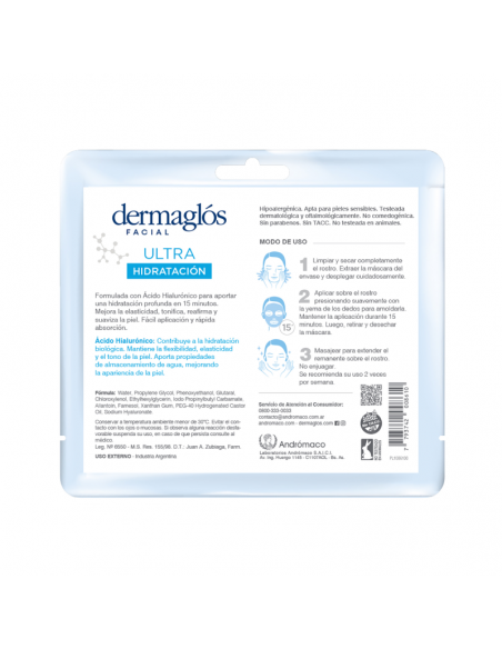 MASCARAS FACIALES DERMAGLOS TELA ULTRA HIDRATACIÓN AC.HIALURON 15 cc